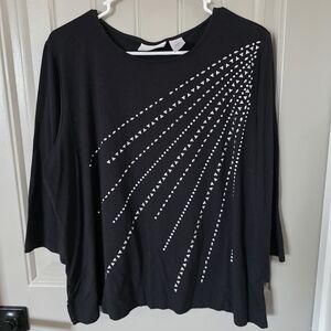 Alfred Dunner Petite Womans XL Black ¾ Sleeve Shirt With Silver Gems